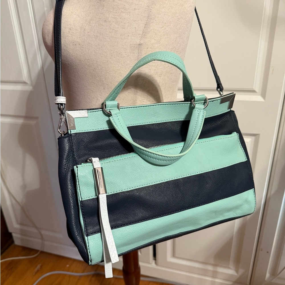 B. Makowsky Green and Blue Satchel with Tassel Detail